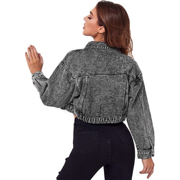 Cali Chic Women's Denim Jacket Celebrity Snow Washed Black Drop Shoulder Crop - Picture 4 of 9